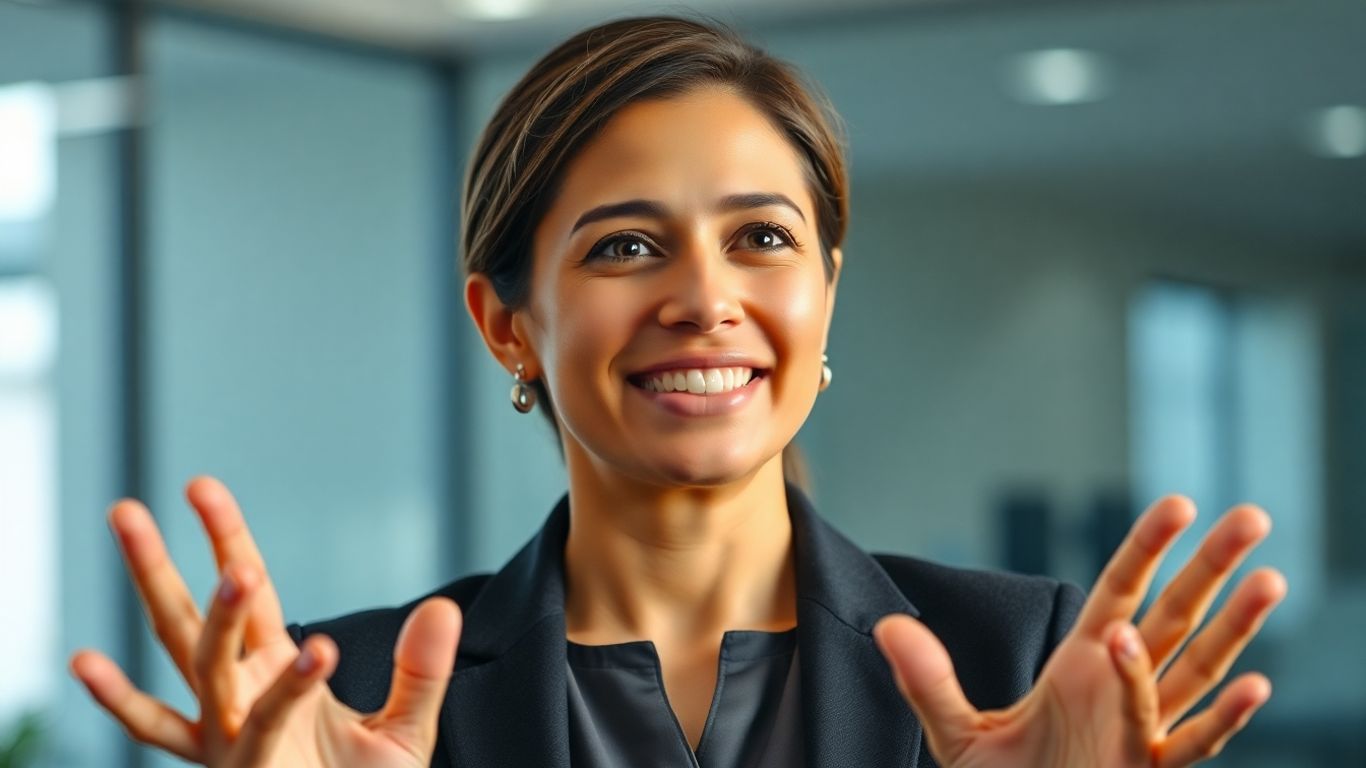 Professional speaking with open hands, warm expression.