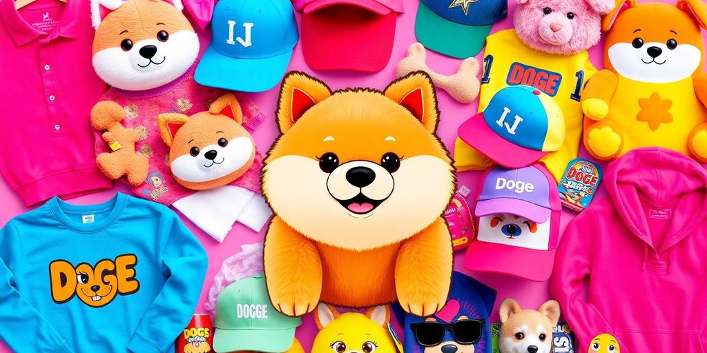 Colorful Doge merchandise collage with toys and apparel.