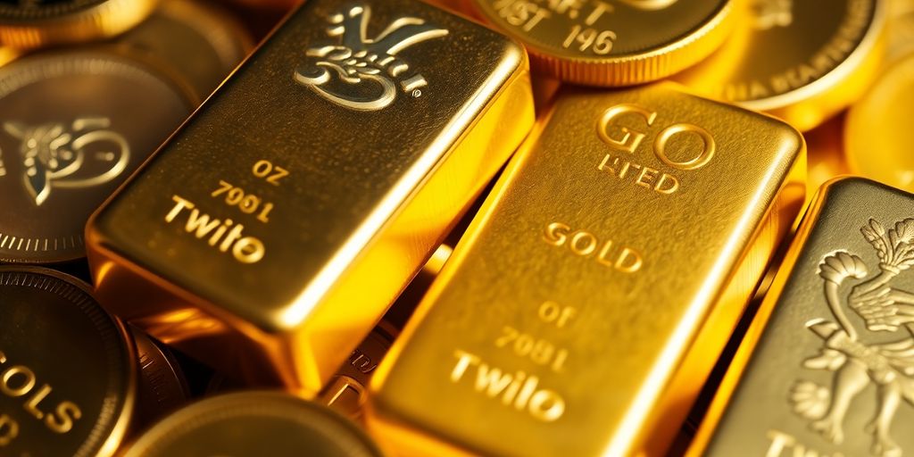 Lingots et pièces d'or brillants sur fond neutre.