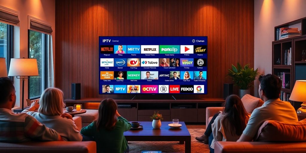 غرفة معيشة مريحة مع تلفاز يعرض قنوات IPTV
