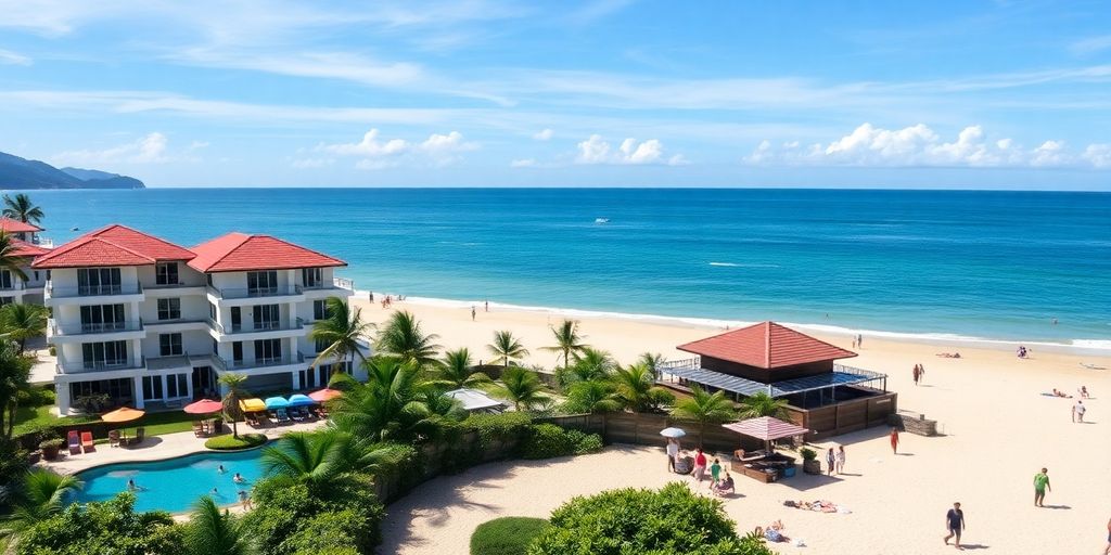 Scenic beach in Kata with villas and tourists enjoying activities.
