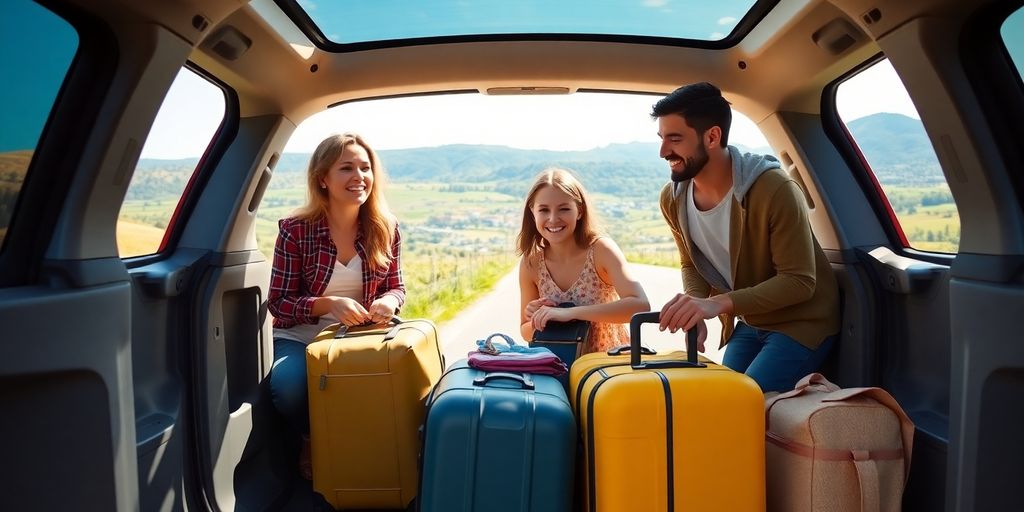 A family packing a rental car for a road trip.