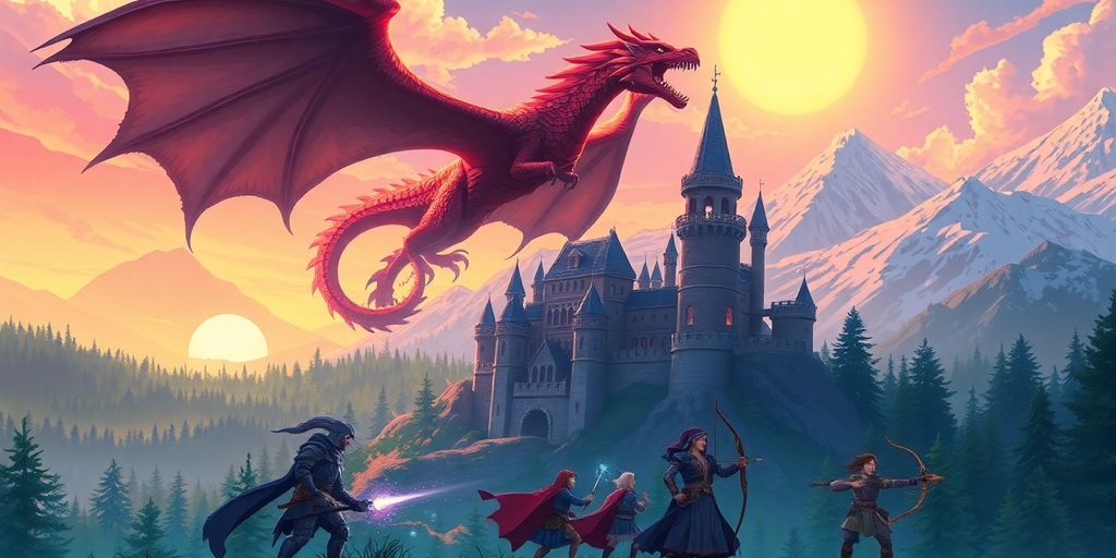 Jeu RPG fantastique avec personnages et dragons