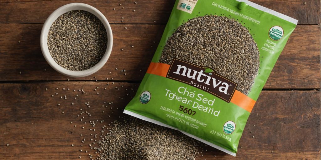 Nutiva Organic Chia Seed package with scattered seeds