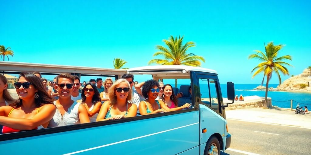 Tourists riding a shuttle bus to a resort in Cabo.