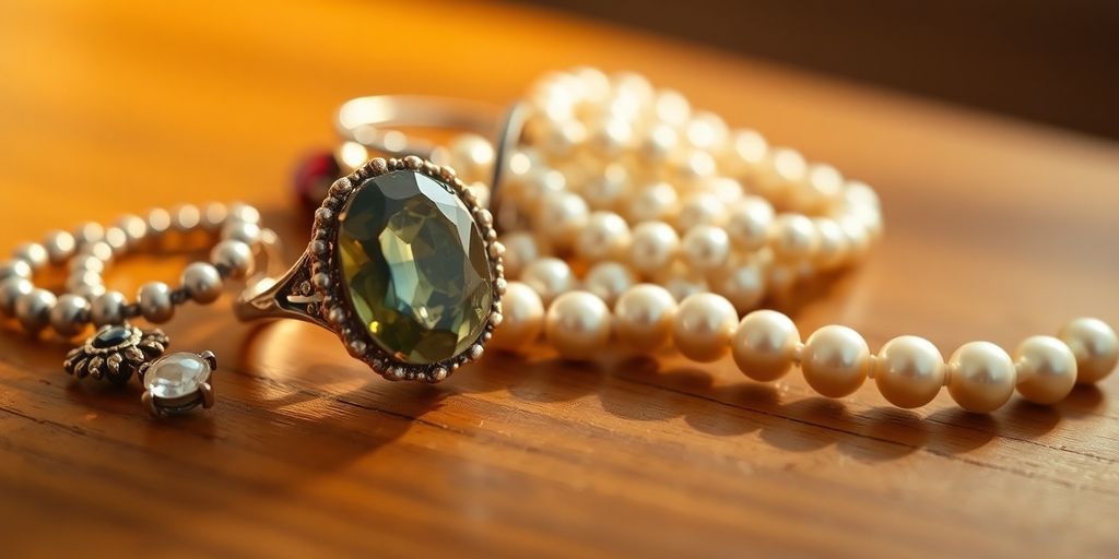 Bague, collier et bracelet sur une surface polie.