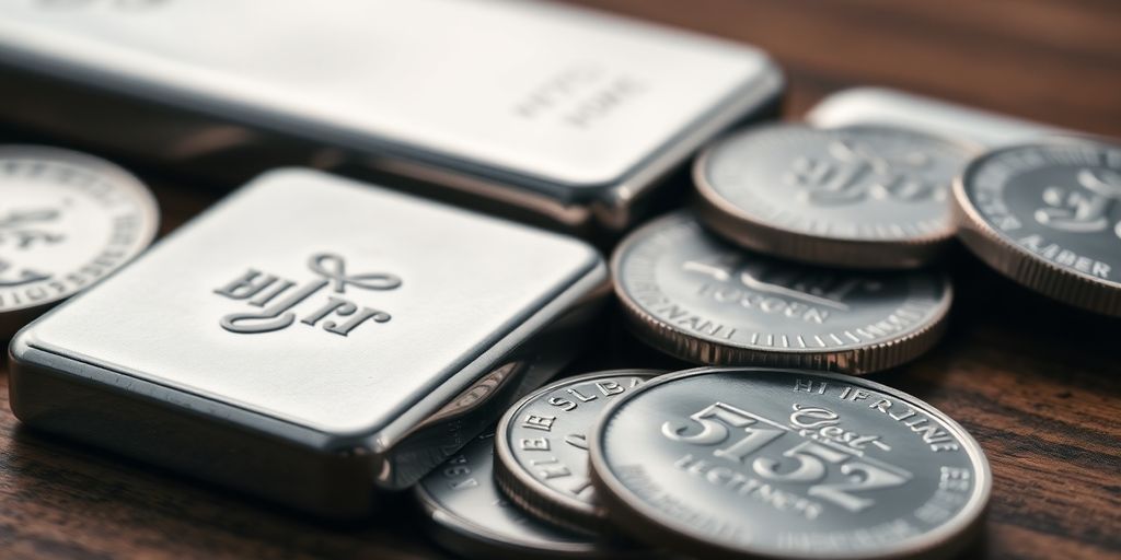 木質表面上的硬幣和銀條。