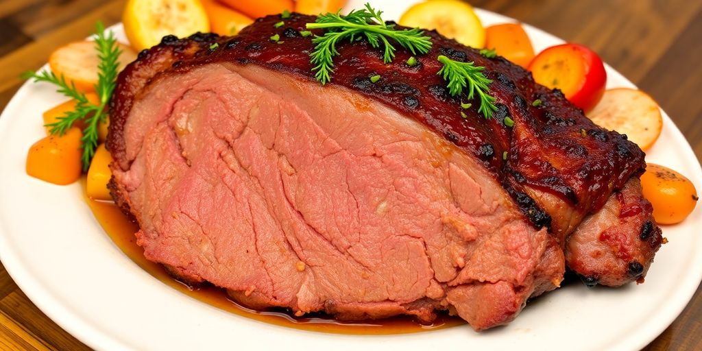 Juicy chuck roast with herbs and vegetables on a platter.