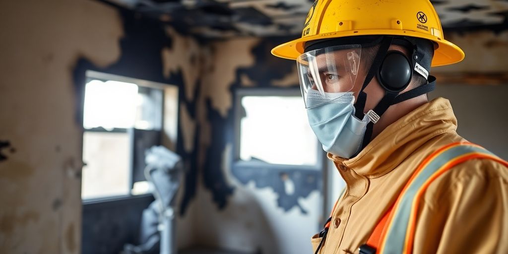 Fire restoration technician assessing burned property damage.