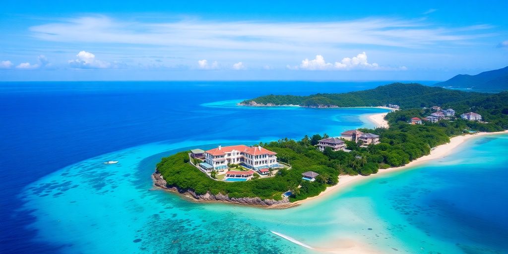 Aerial view of Phuket with villas and coastline.