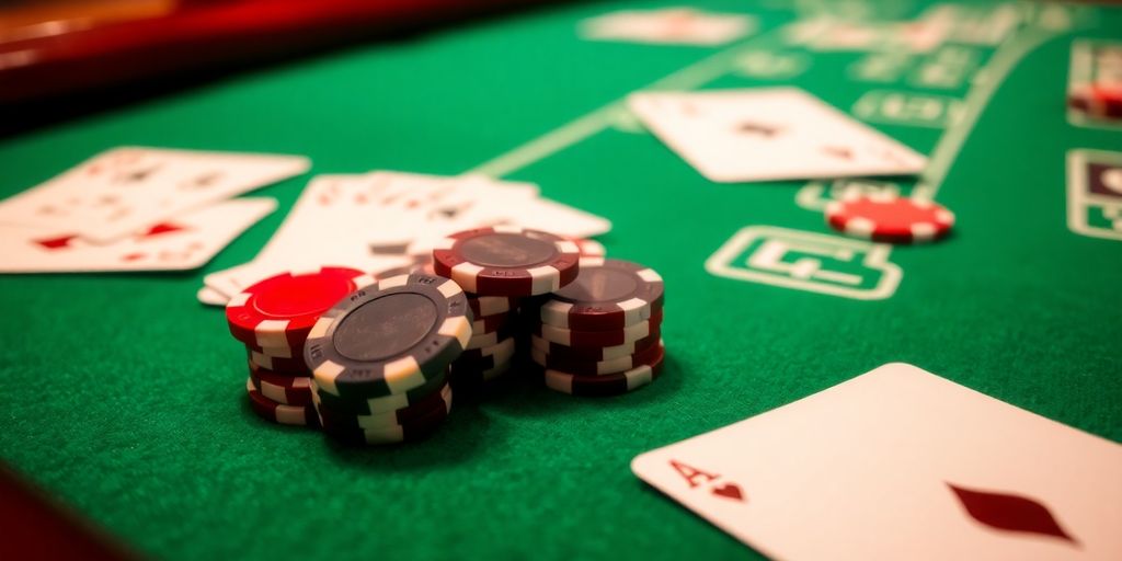 Baccarat cards and chips on a green felt table.