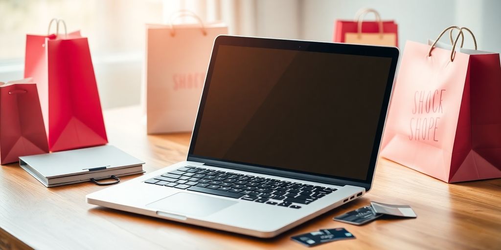 Laptop mit Einkaufstaschen und Kreditkarten auf Tisch.