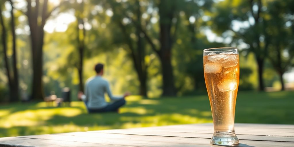 Person meditating outdoors with a non-alcoholic drink nearby.