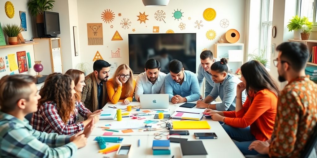 Diverse team brainstorming in a colorful, digital workspace.