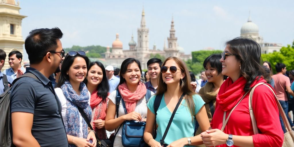 Diverse tourists enjoying a scenic travel experience together.