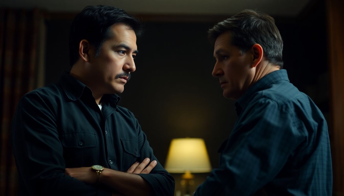 Private investigator interviewing a witness in a dimly lit room.