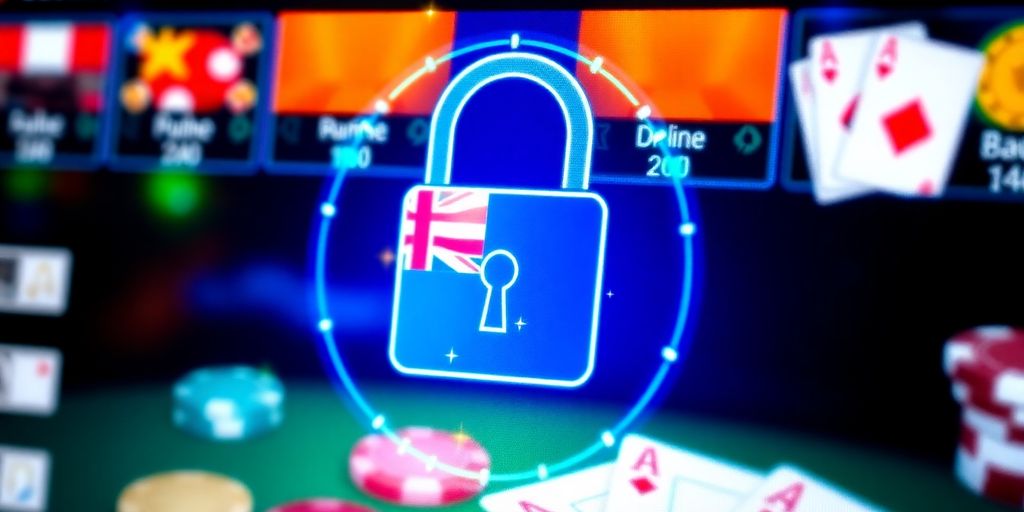 Secure online gambling interface with digital lock and casino items.