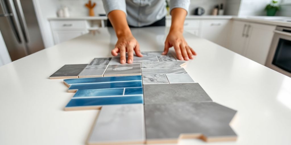 Hands arranging different ceramic tile samples on a white countertop.