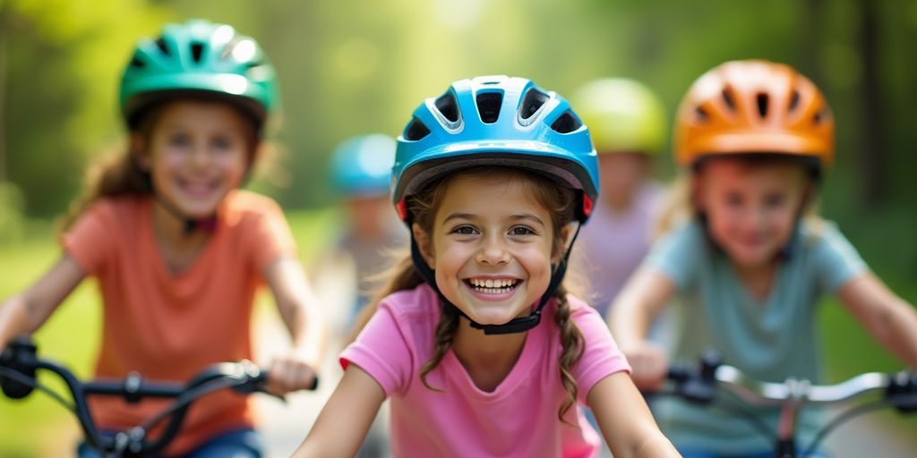 Kinder mit bunten Fahrradhelmen im Park.