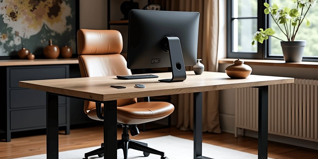 A modern office setup featuring a desk, chair, and plants.