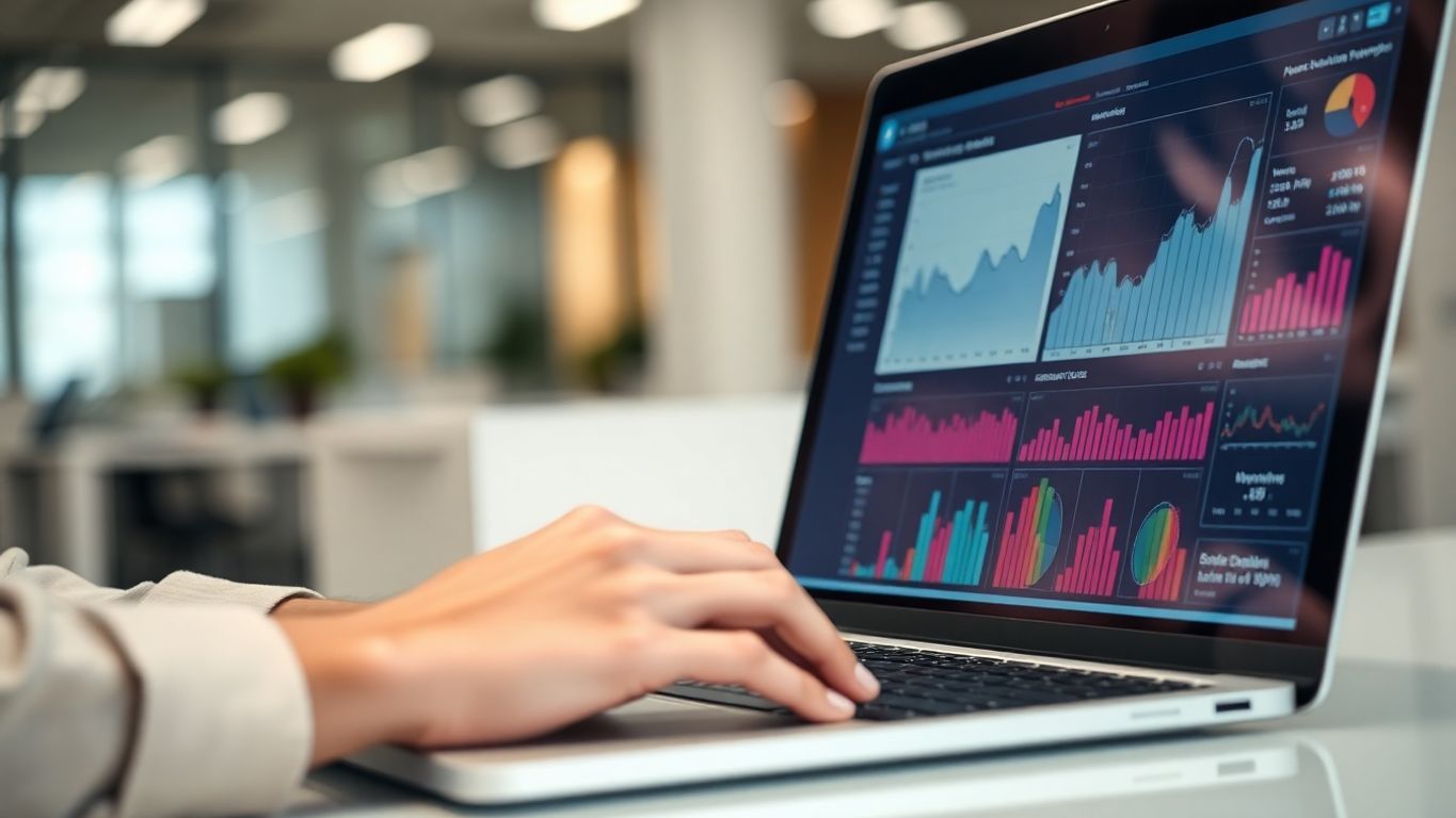 Person analyzing data on a laptop in an office.