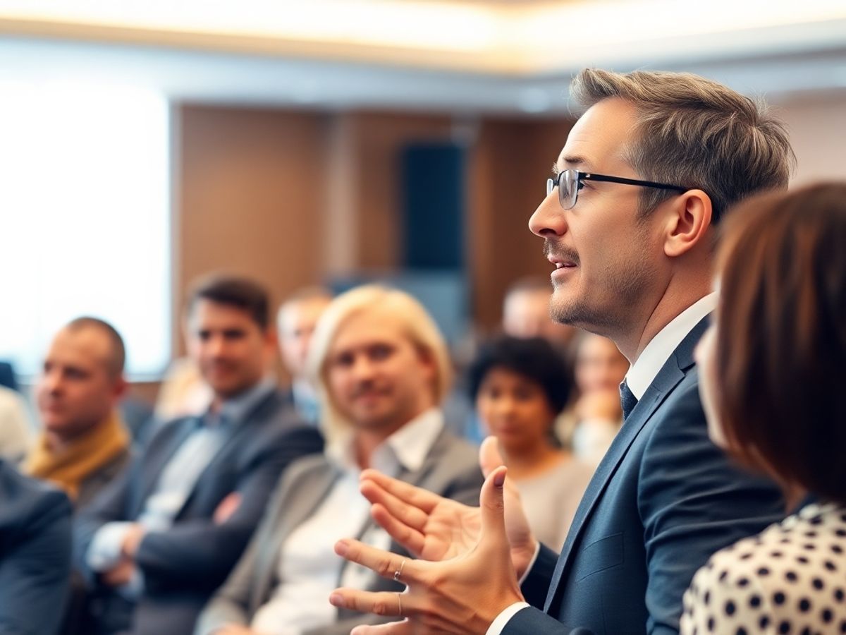 Speaker în conferință, comunicare eficientă cu publicul.