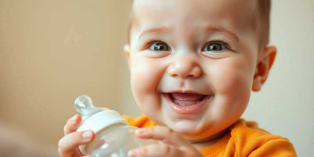 Baby smiles while holding a bottle.