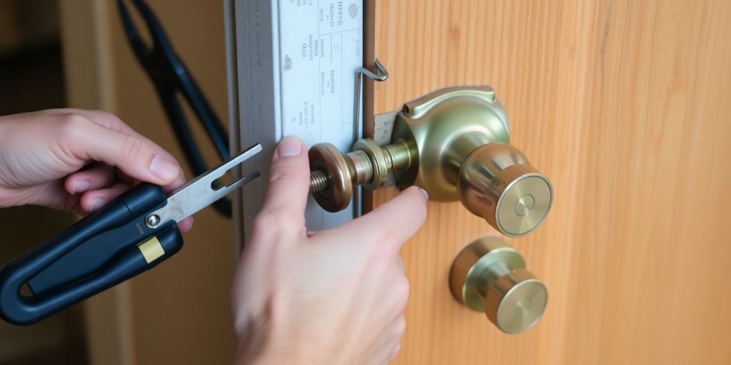 Hands replacing an old lockset on a wooden door.