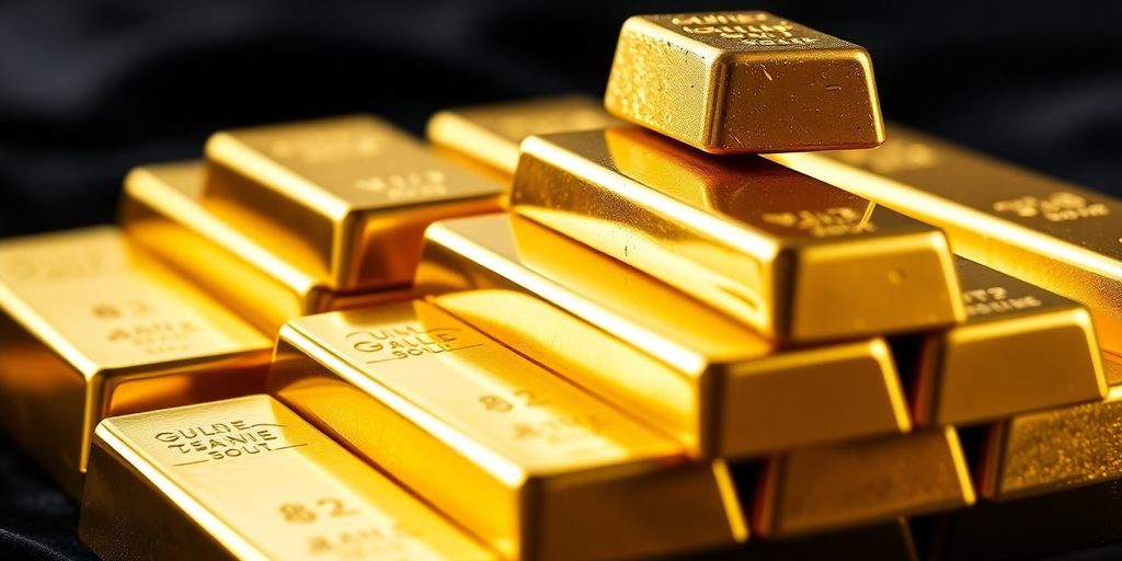 Barres d'or brillantes sur un fond sombre.