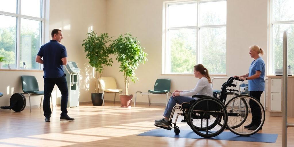 Rehabilitation center with therapists helping spinal cord injury patients.