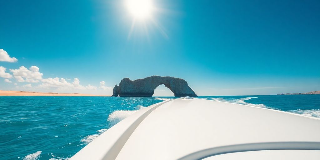 Boat at Lands End arch, Cabo San Lucas
