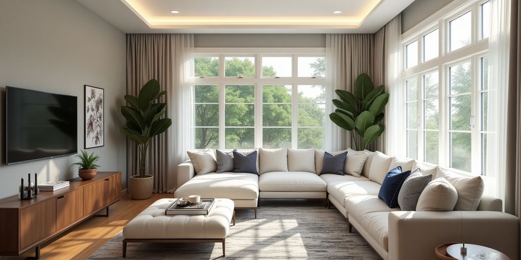 Modern remodeled living room with stylish decor and furniture.