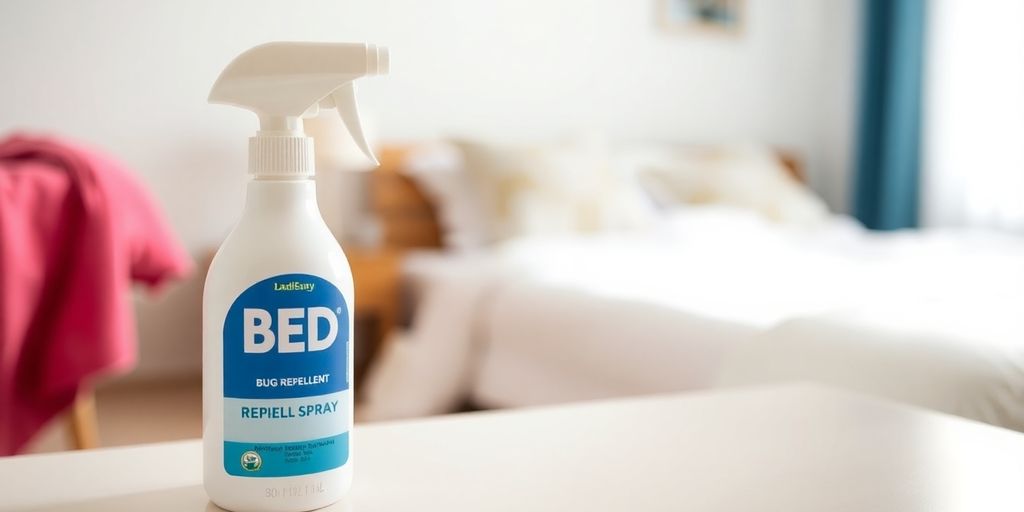 Bed bug repellent bottle in a bright bedroom.