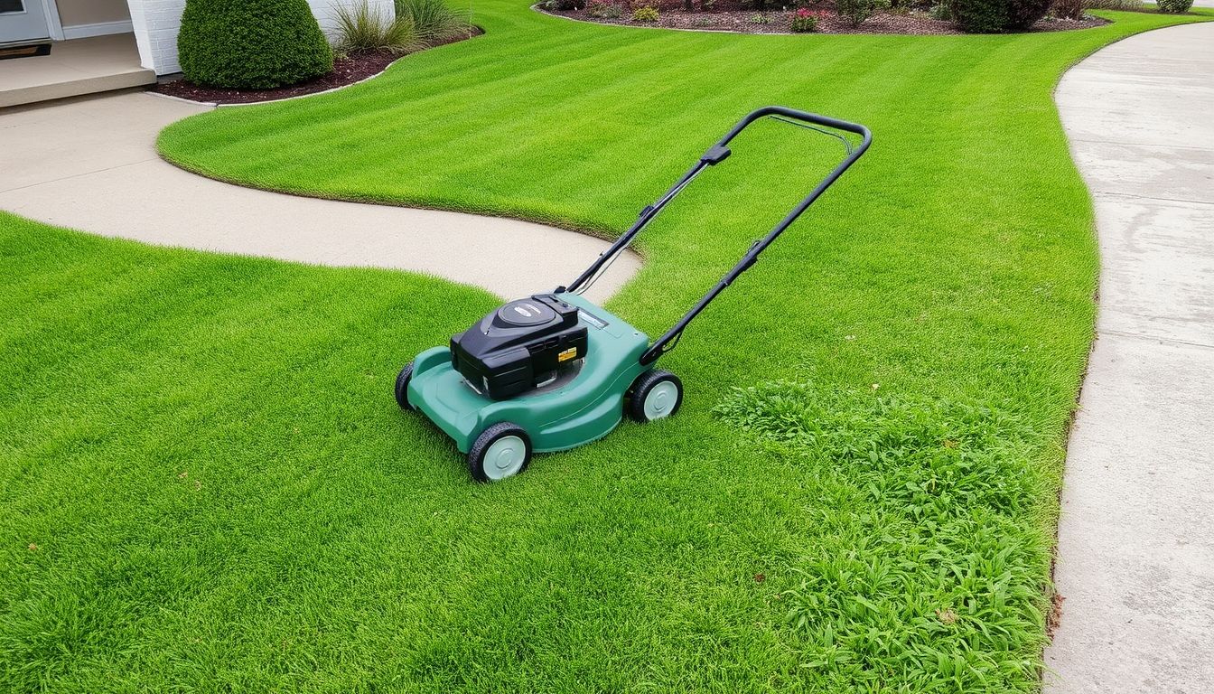 Lawnmower cutting grass on a tidy lawn