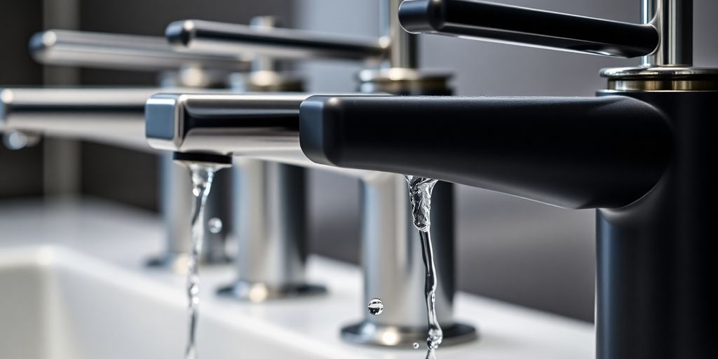Close-up of gleaming chrome and matte black kitchen taps.