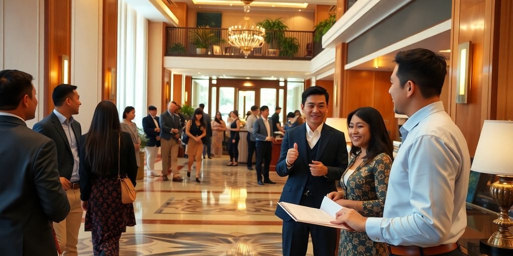 Diverse guests in a hotel lobby with friendly staff.