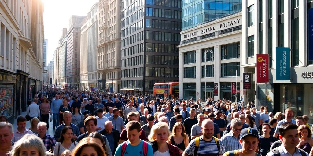 Bustling UK city street with diverse people.