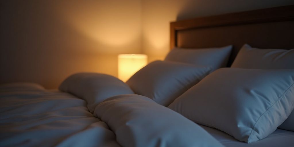 Quarto tranquilo com cama aconchegante e luz suave.