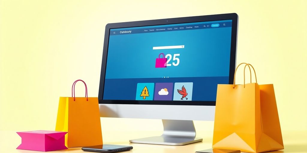 Moderne webshop met laptop en winkelwagentjes.