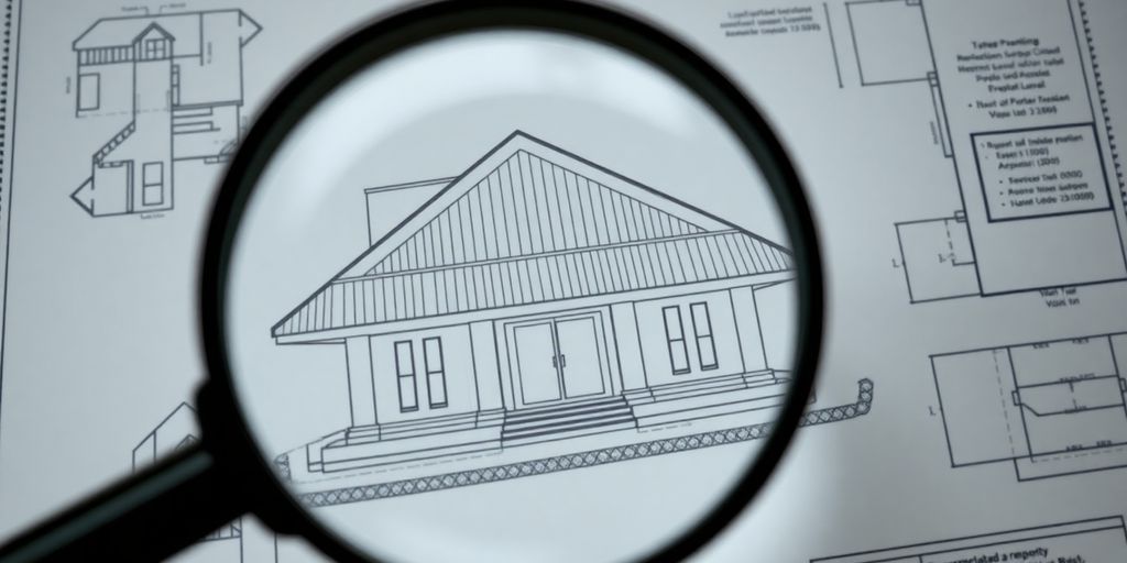 Thai villa with legal documents and a magnifying glass.