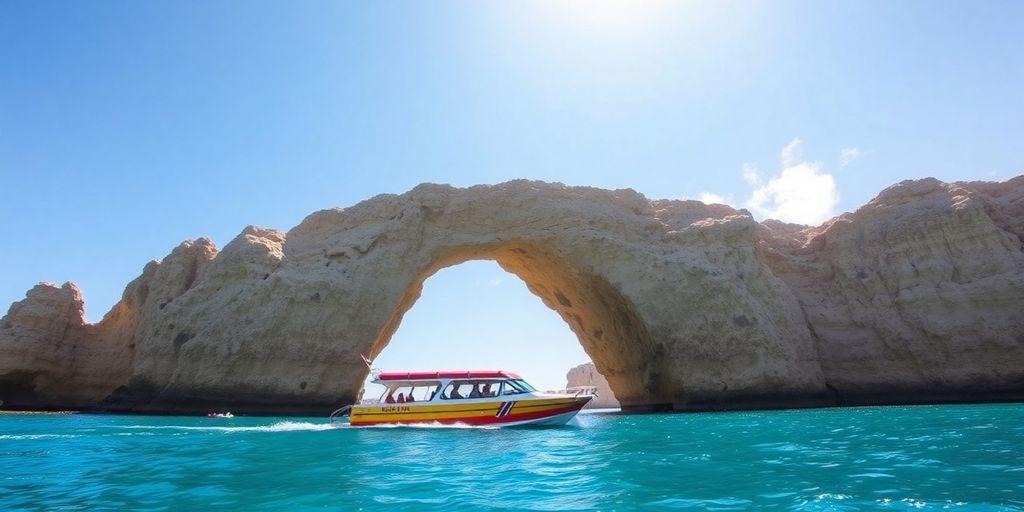 Azure waters, iconic arch, vibrant boat, sunny sky.