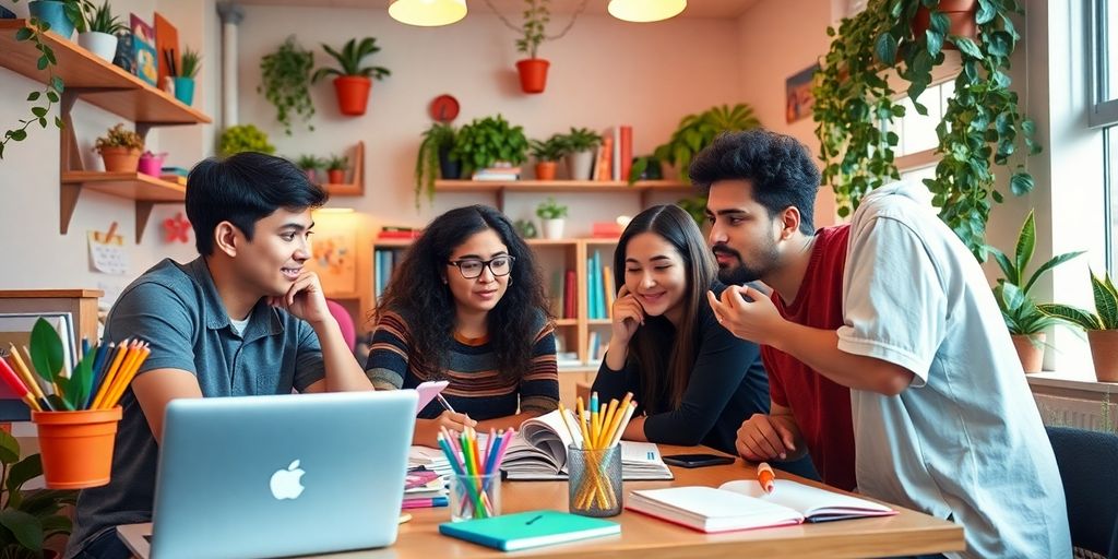 Diverse students studying together in a cozy, vibrant space.