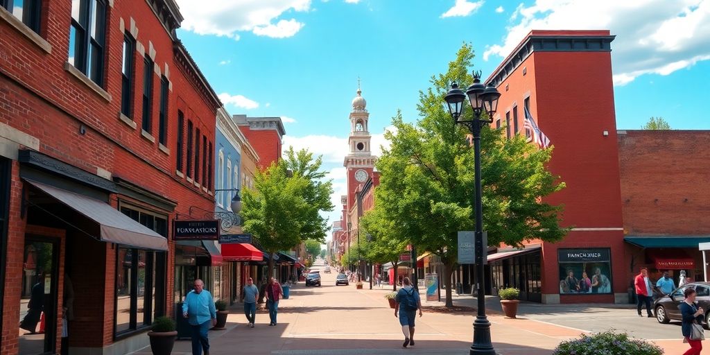 Bustling Ohio neighborhood street, historic architecture, local businesses.