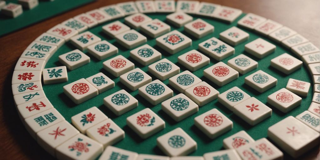 Mahjong wind tiles arranged in a circle, showcasing their intricate designs on a soft gradient background.