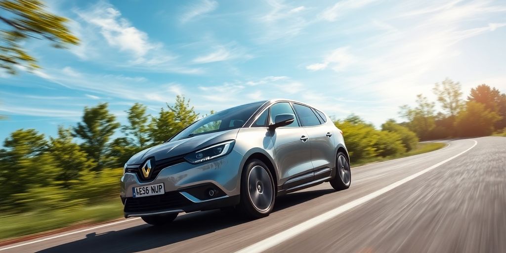 Renault Scénic E-Tech roulant sur route de campagne.