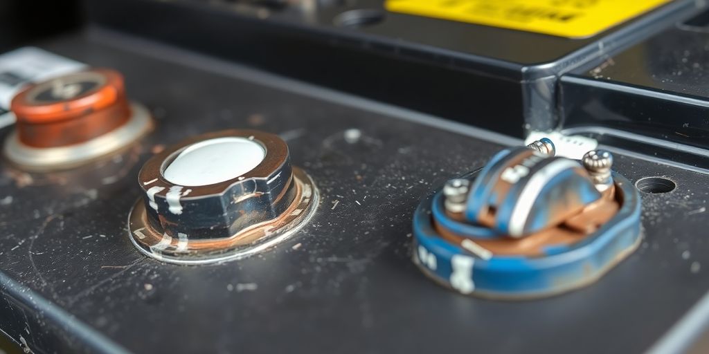 Car battery with corrosion on terminals.