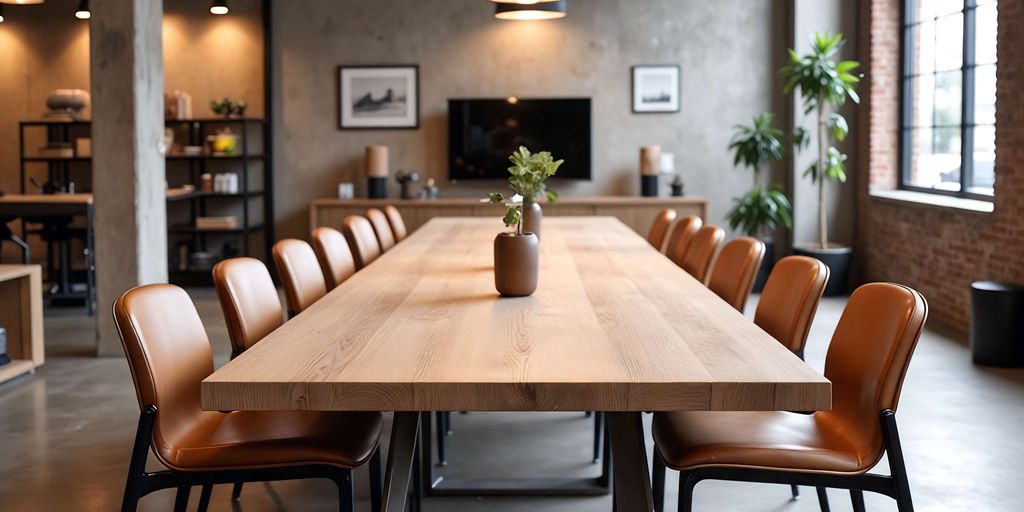 Modern meeting room with long wooden table and chairs.