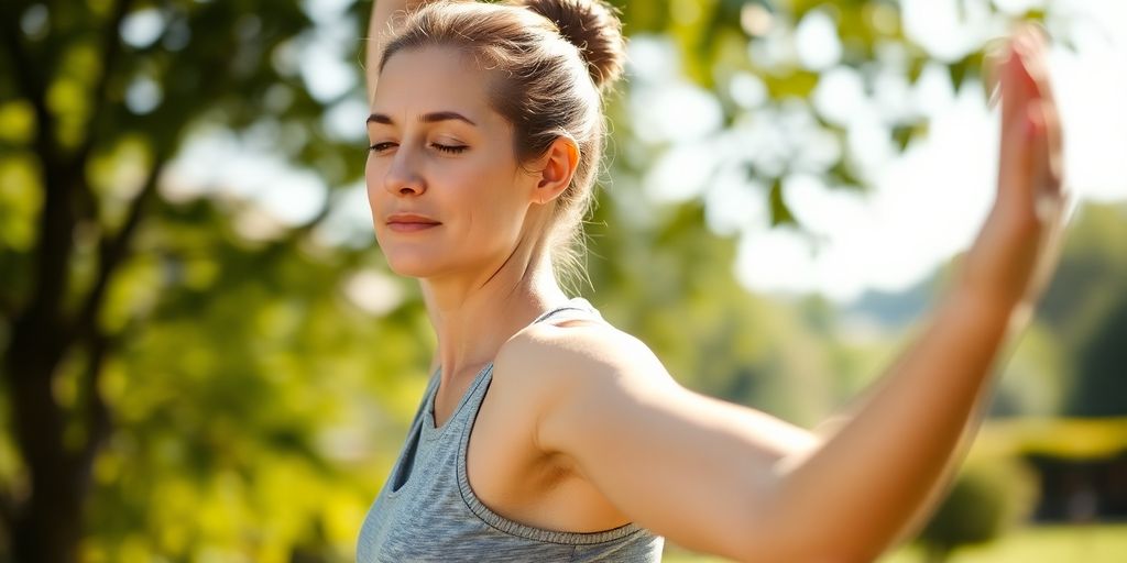Woman exercising outdoors, serene expression.