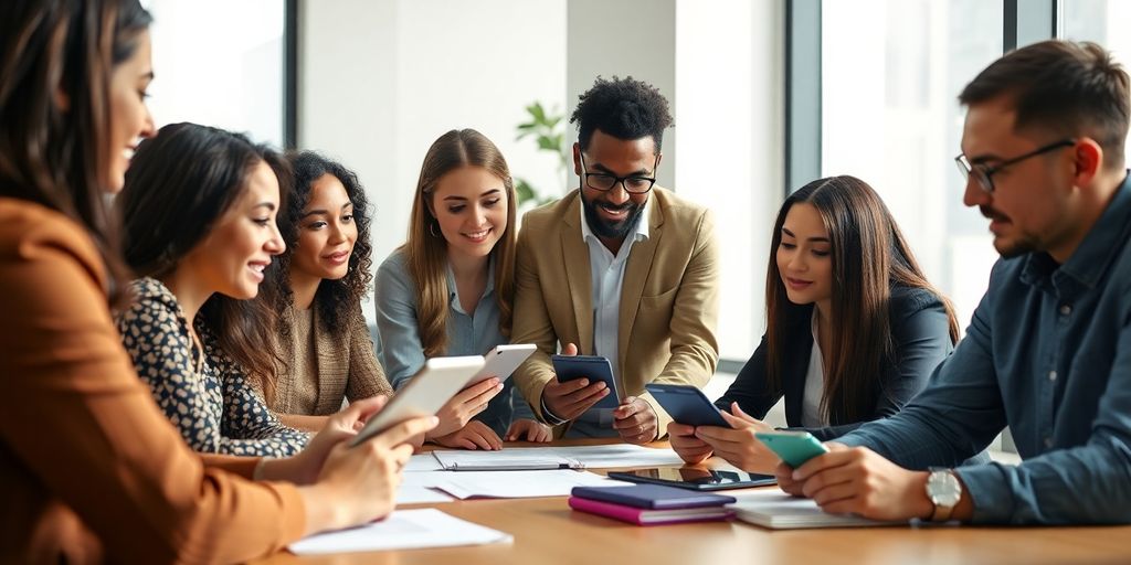 Diverse team collaborating in a bright office setting.