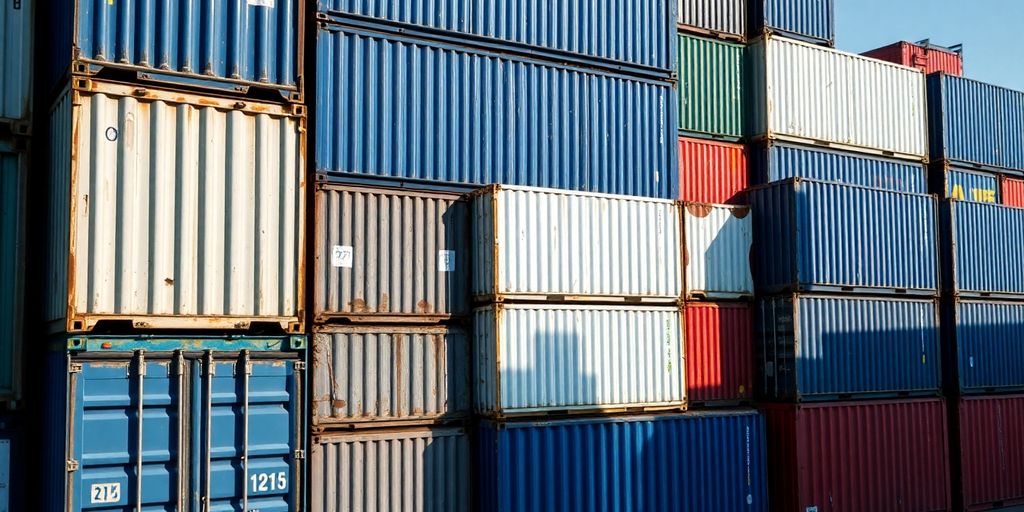 Conteneurs maritimes empilés dans un port.